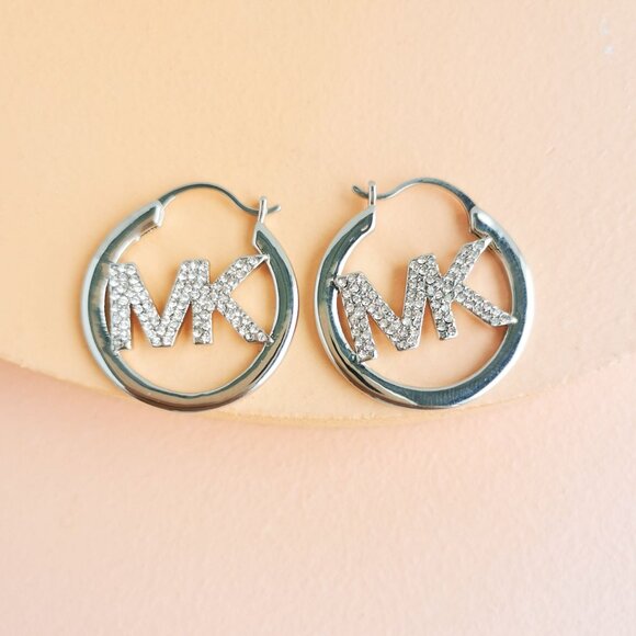 Michael Kors - Pave Hollow Logo Silver Plated Hoop Earrings - NEW - Picture 1 of 4